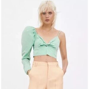 ZARA NEW LIMITED EDITION MINT PUFF SLEEVE ASYMMETRIC TOP SHIRT